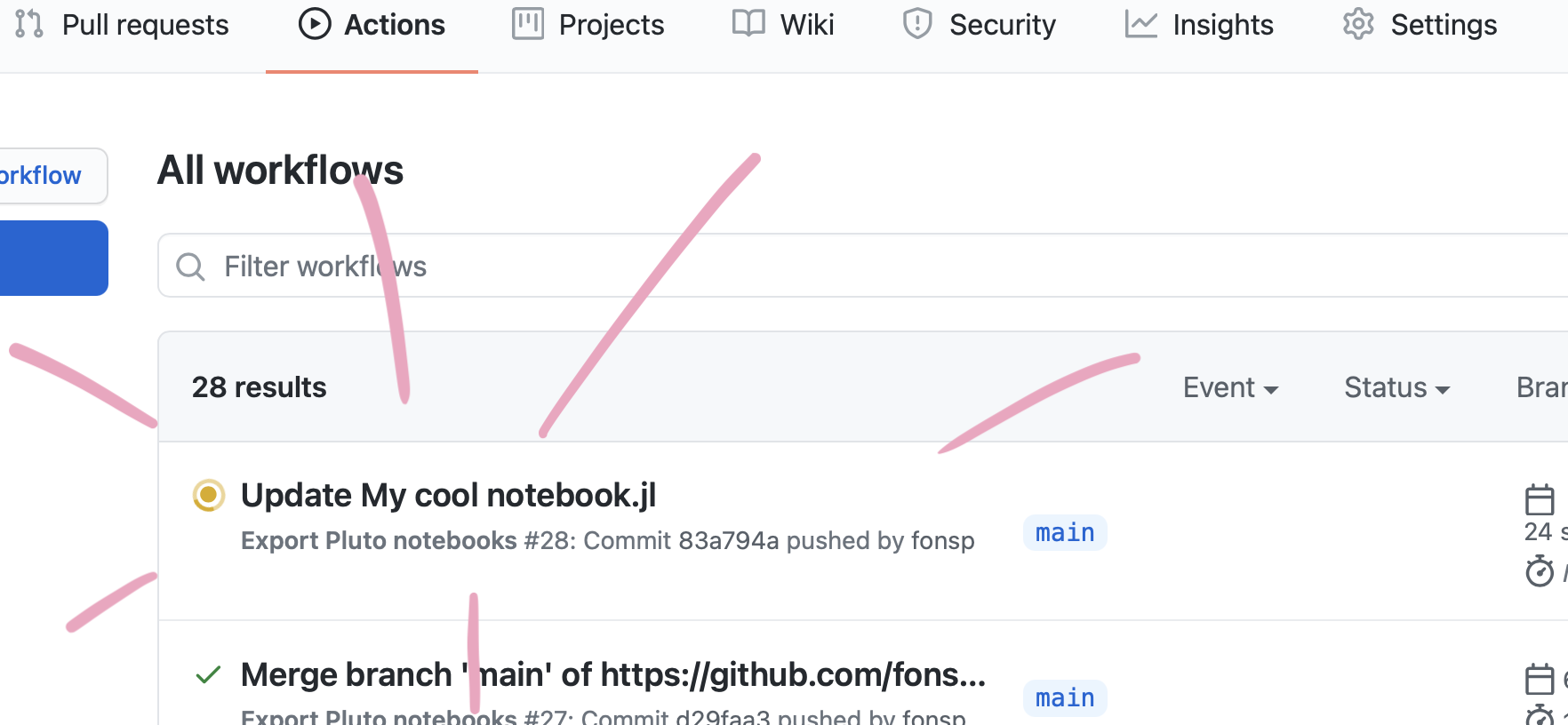 screenshot of the actions page, showing a currently running workflow